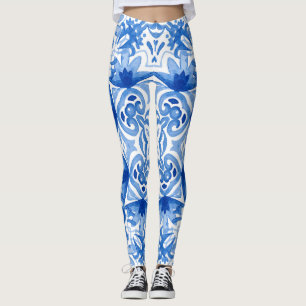 Leggings Carrelage blanc bleu, motif aquarelle sans couture
