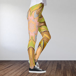 Leggings Carton Mandala Flower orange vert et bleu