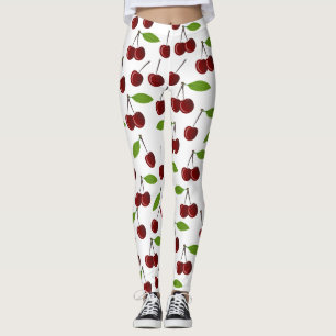 Leggings Cerise Rouge, Motif De Cerises, Feuilles, Fruits
