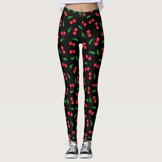 Leggings Cerises rouges d'été sur le fruit noir (Devant)