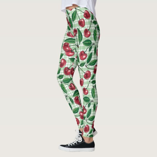 Leggings Cerises rouges sur en vichy vert clair (Gauche)
