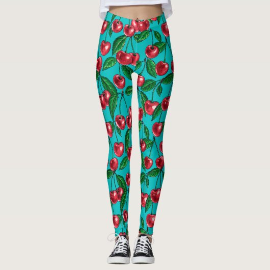 Leggings Cerises rouges sur turquoise (Devant)