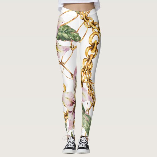 Leggings Chaînes d'or et Lys royaux : Elégance de l'aquarel (Devant)