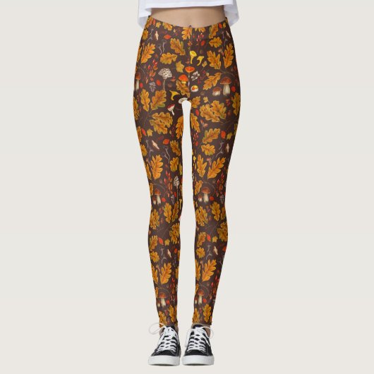 Leggings Champignons forestiers et flore d'automne sur brun (Devant)