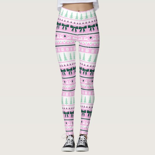 Leggings Chandail moche de Noël Motif rose et vert (Devant)