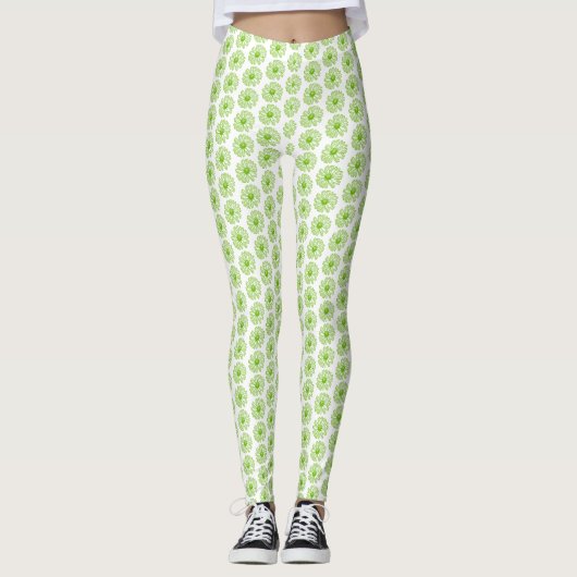 Leggings Chartreuse Green Daisy Print, Hippie Flower Print (Devant)
