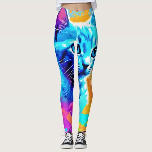 Leggings Chat au Néon Bleu en Splatter (Devant)