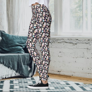Leggings Chat Blanc Pastel Floral Botanique Romantique Noir