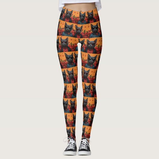 Leggings Chat bleu russe avec coeur Roses Saint-Valentin (Devant)