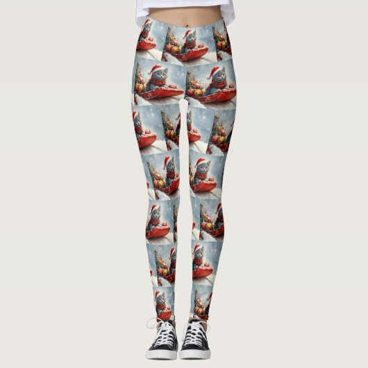 Leggings Chat bleu russe en sangle laissez-le neiger Noël (Devant)