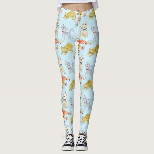 Leggings Chat Cartoon Cute Et Fleurs Motif (Devant)