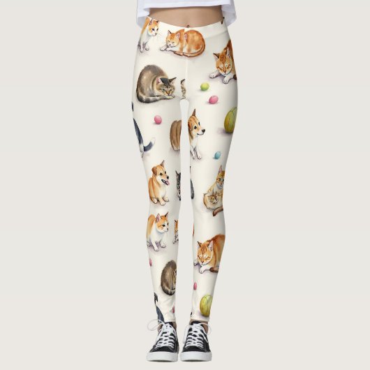 Leggings Chat & Chien Motif sans couture (Devant)