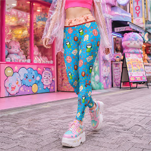 Leggings Chat Maneki Neko et Geisha Japonais Rétro Bleu