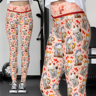 Leggings Chat Maneki Neko japonais rose et Sushi