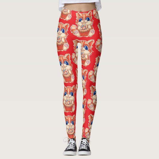Leggings Chat mangeant de la pizza couleur (Devant)