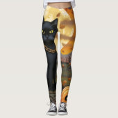 Leggings Chat noir sous une lune de récolte et Citrouilles (Devant)