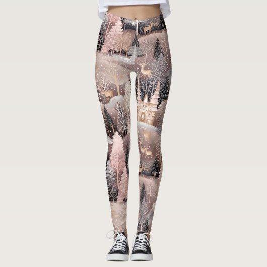 Leggings Château de fantaisie de cerf d'hiver rose Paysage (Devant)