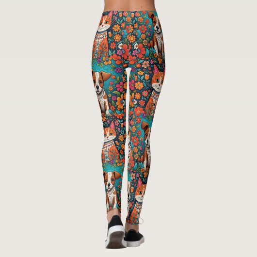 Leggings Chats de Whimsical et Chien avec Fleurs d'Art Folk (Dos)