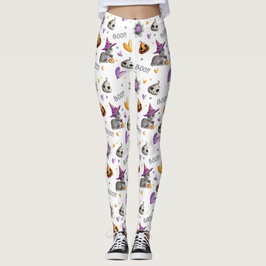 Leggings Chats d'Halloween orange et violet Citrouilles et  (Devant)