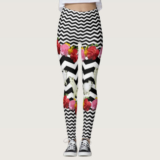 Leggings Chats et fleurs sur Chevron noir
