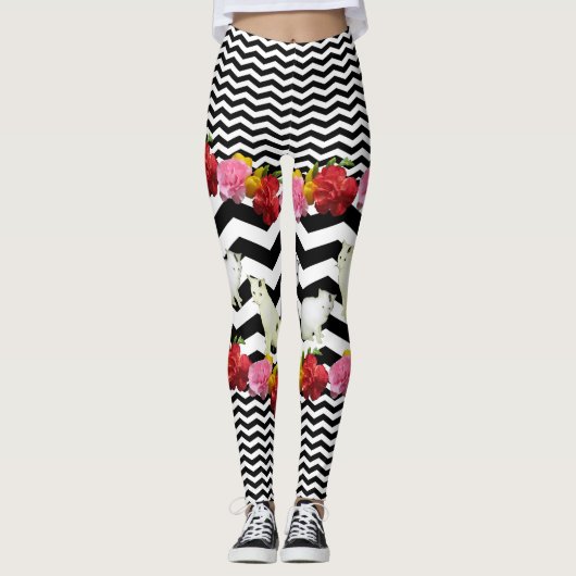 Leggings Chats et fleurs sur Chevron noir (Devant)
