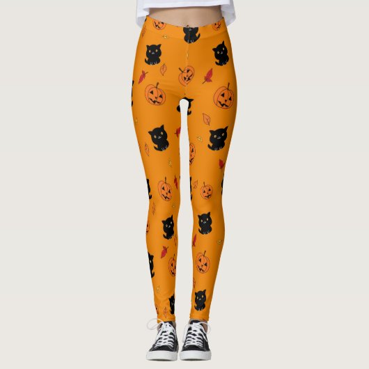 Leggings Chats Noirs Halloween Et Motif Citrouille (Devant)