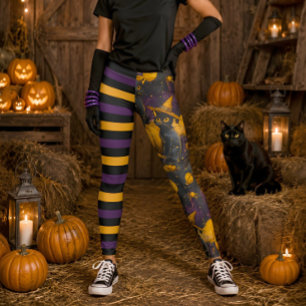 Leggings Chatte Sorcière d'Halloween Citrouille Rayée Viole