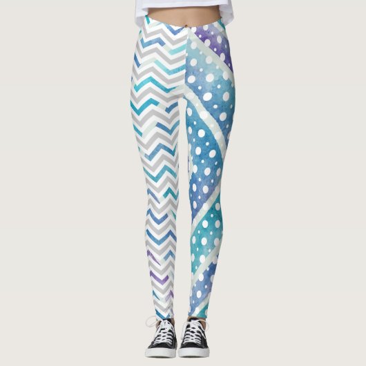 Leggings chevron bleu aquarelle, légendes à points de polka (Devant)