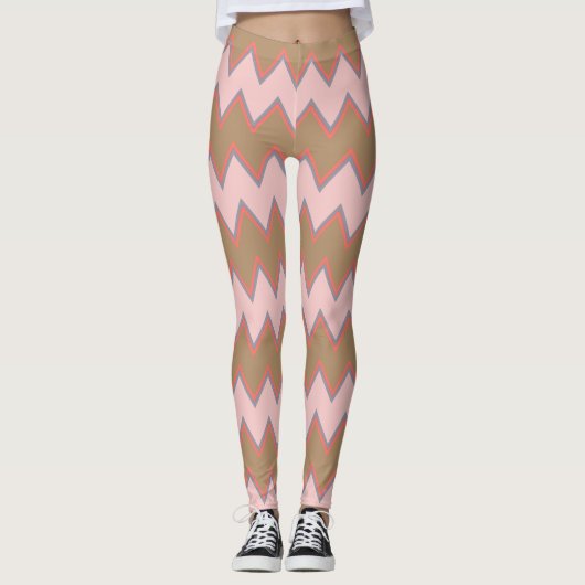 Leggings Chevron de printemps en Brown, rose et pêche (Devant)
