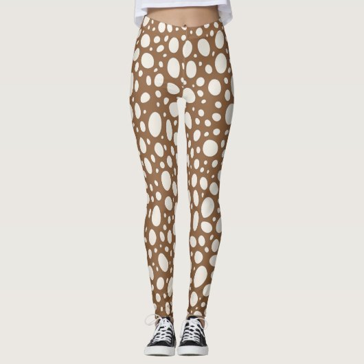 Leggings Chic Blanc & Tan Polka Dot Design (Devant)