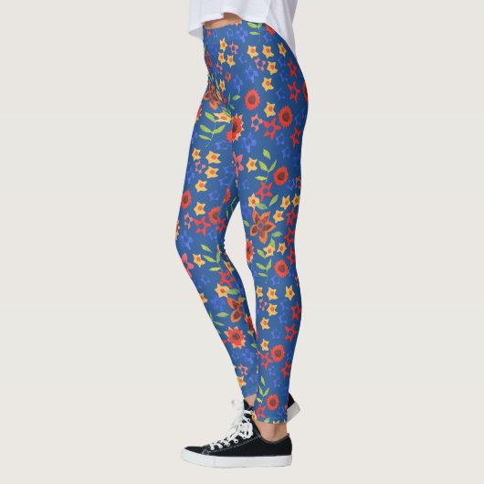 Leggings Chic Floral Retro Imprimé Mamie sur Fond Bleu Roya (Gauche)