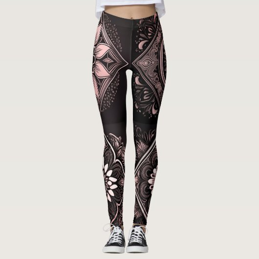 Leggings Chic Noir Rose et Blanc Mandala (Devant)