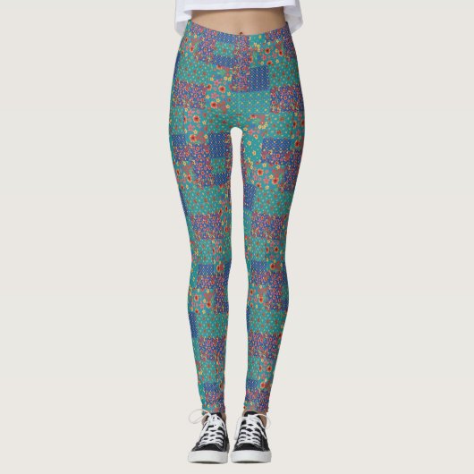 Leggings Chic Retro Granny Imprime Faux Patchwork Motif (Devant)