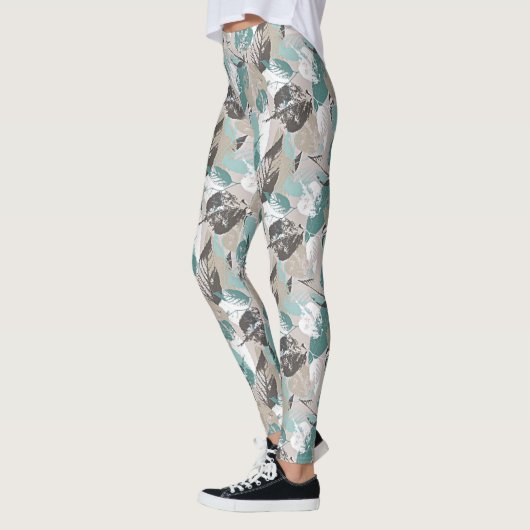 Leggings Chic Turquoise bleu vert Taupe Brown Feuille Motif (Gauche)
