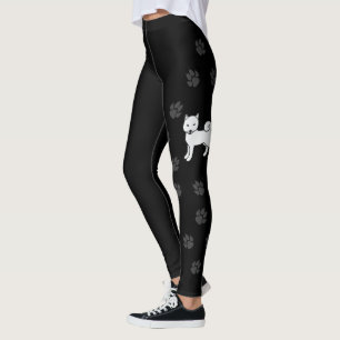 Leggings Chien de dessin animé Shiba Inu blanc & pattes noi