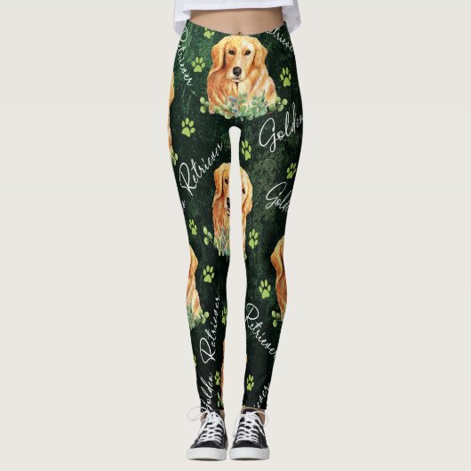Leggings Chien de golden retriever, feuille d'eucalyptus, (Devant)