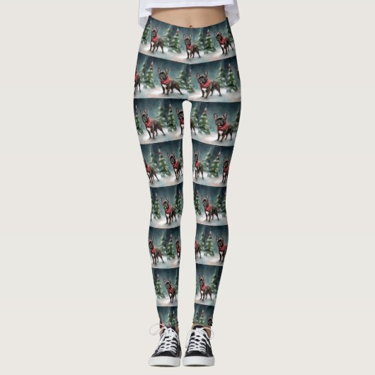 Leggings Chien de taureau français à Noël de neige (Devant)