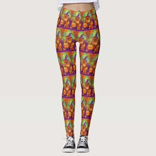 Leggings Chien Poméranien éffrayant Halloween sorcière et C (Devant)