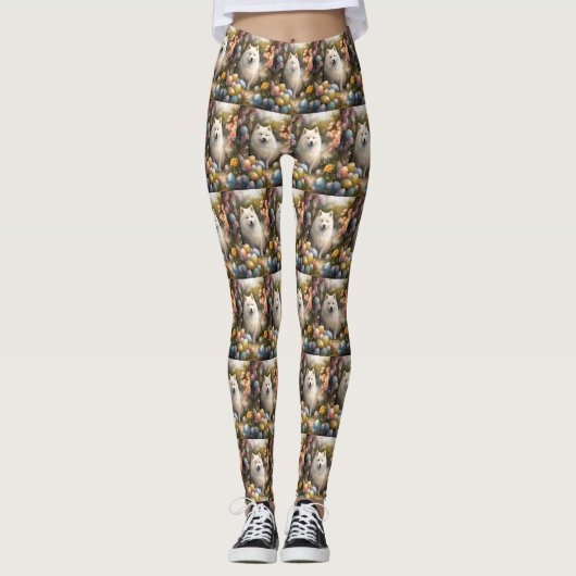Leggings Chien Samoyé avec oeufs de Pâques vacances (Devant)