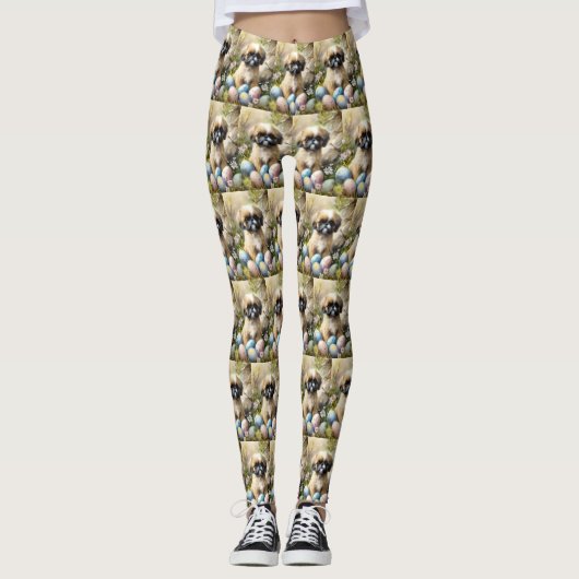 Leggings Chien Shih Tzu avec Oeufs de Pâques Fête (Devant)