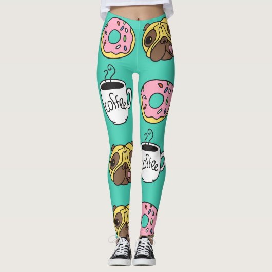 Leggings Chiens amusants, beignets, motif de café. (Devant)