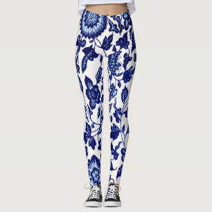 Leggings Chinois bleu marine foncé motif floral sur blanc