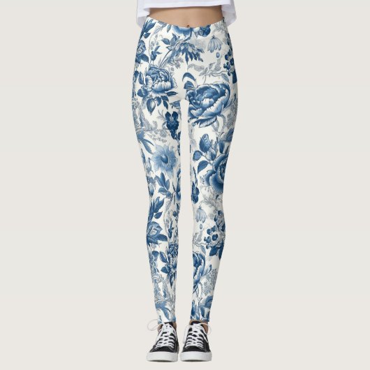 Leggings Chinoiserie Bleu et Blancs Fleurs florales (Devant)