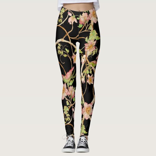 Leggings Chinoiserie moderne stylisée Floral Birds Lime Ros (Devant)