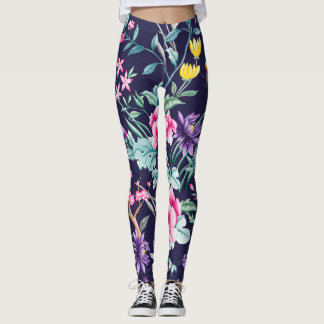 Leggings Chinoiserie oiseaux et fleurs minuit légende bleue