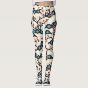 Leggings Chiyogami japonais Ume Corail Rouge Indigo Crème