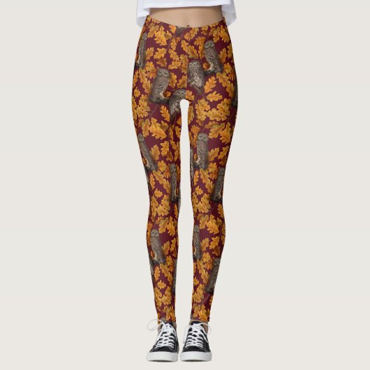 Leggings Chouettes d'automne sur rouge foncé (Devant)