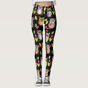 Leggings Chouettes de bois colorées et aquarelle Feuille
