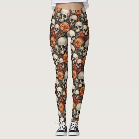 Leggings Chrysanthèmes et crânes (Devant)