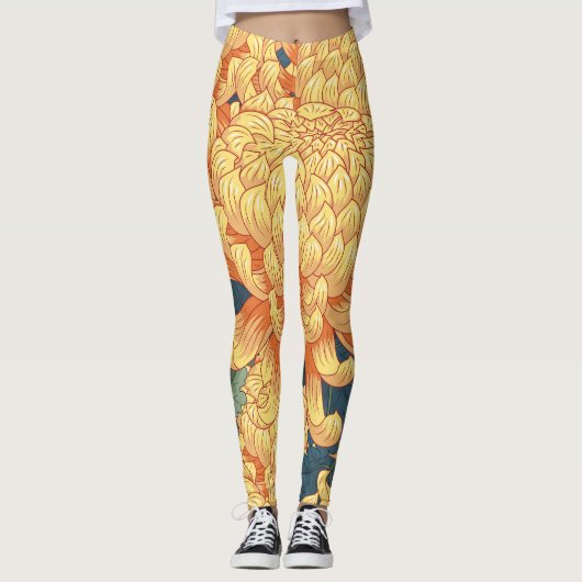 Leggings Chrysanthèmes japonais : motif floral jaune. (Devant)
